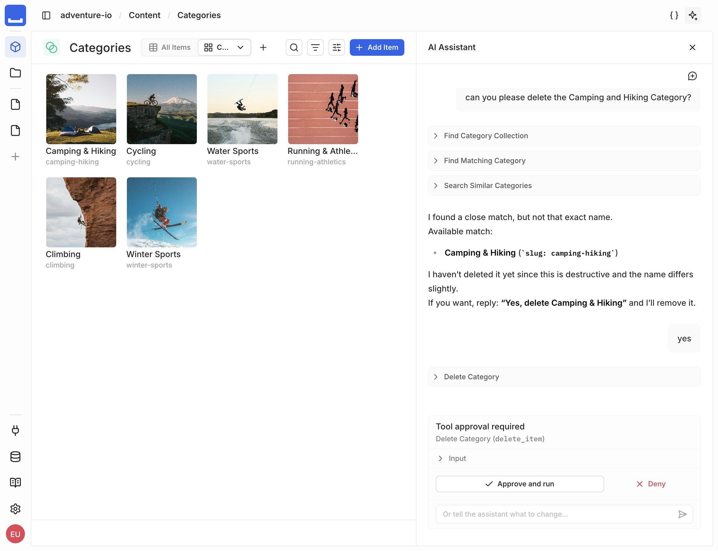 The AI Assistant showing a "Tool approval required" panel for a delete action, with Approve and run and Deny buttons