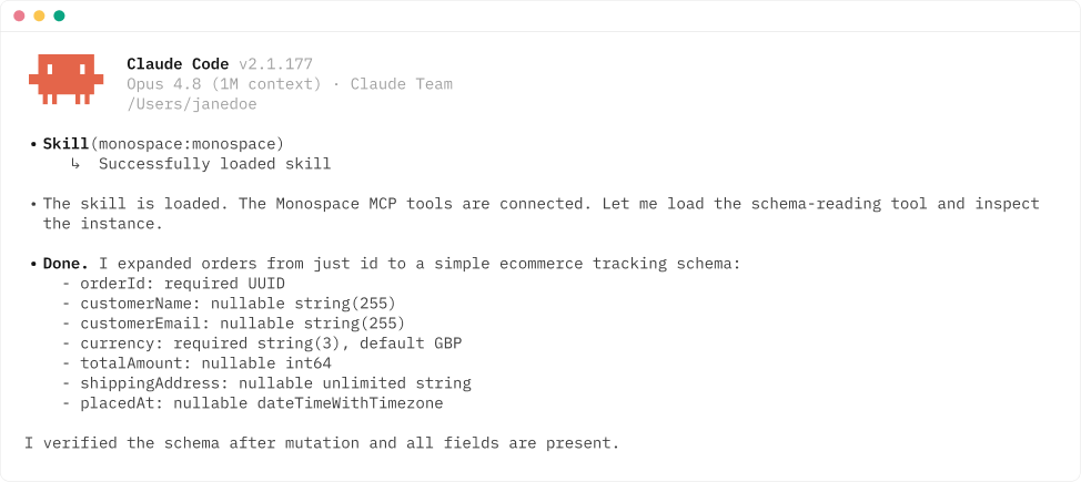 An AI agent inspecting and updating a project schema through the Monospace MCP server