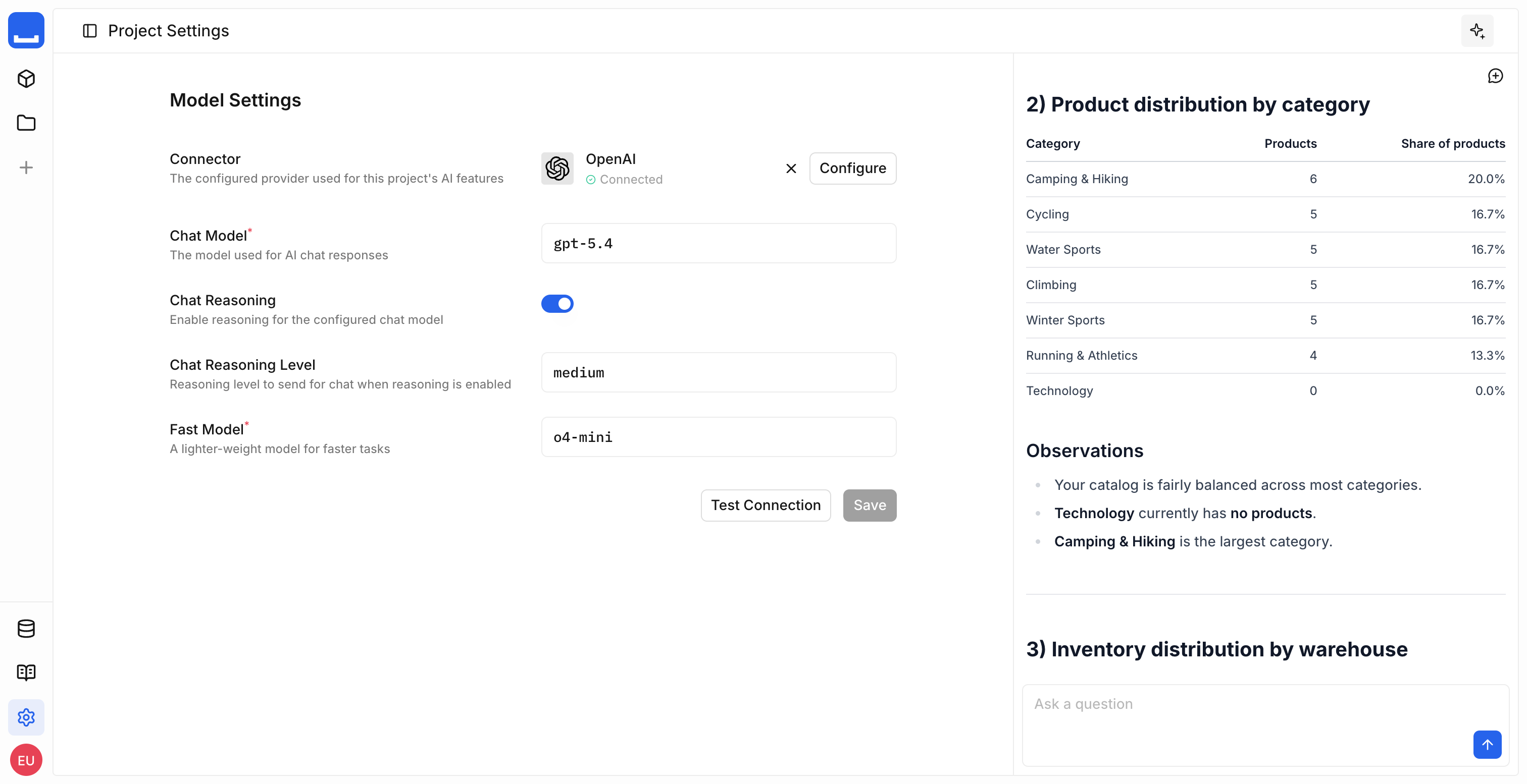 Configuring the AI assistant's model, and the assistant analyzing data in the Studio