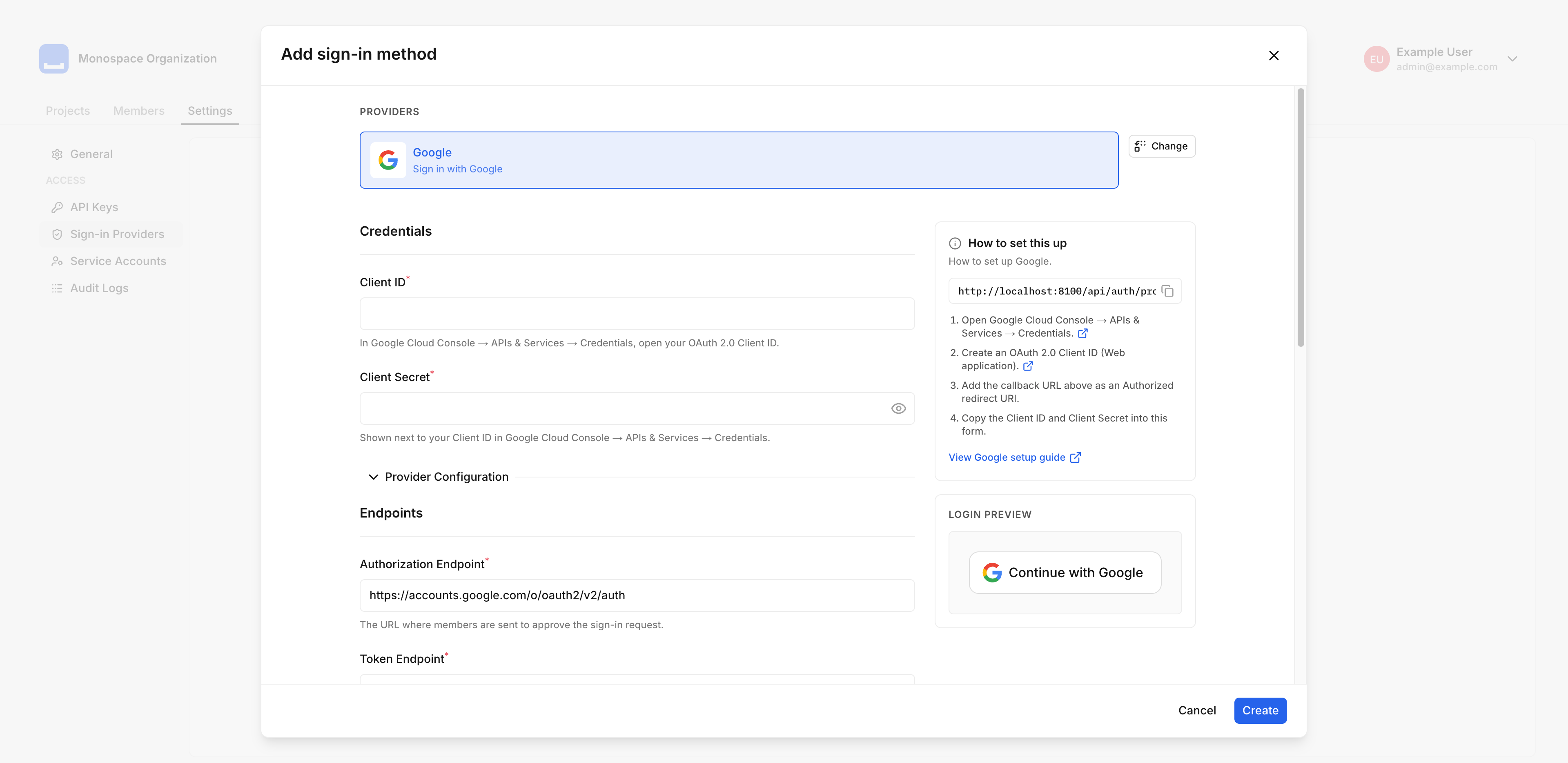 Configuring a Google sign-in provider