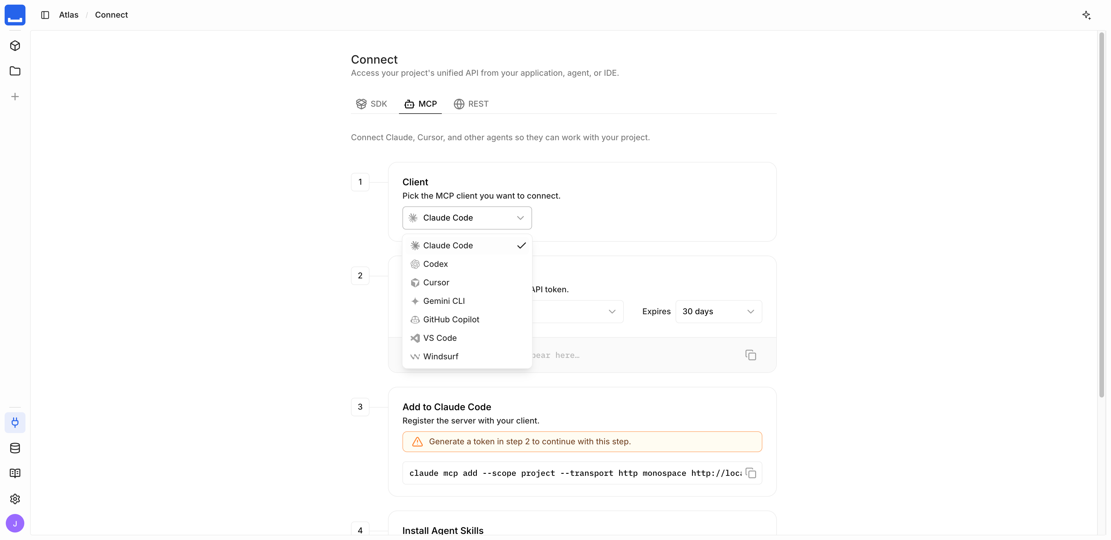 The Connect screen's MCP tab with the client picker open, listing Claude Code, Cursor, and other agents