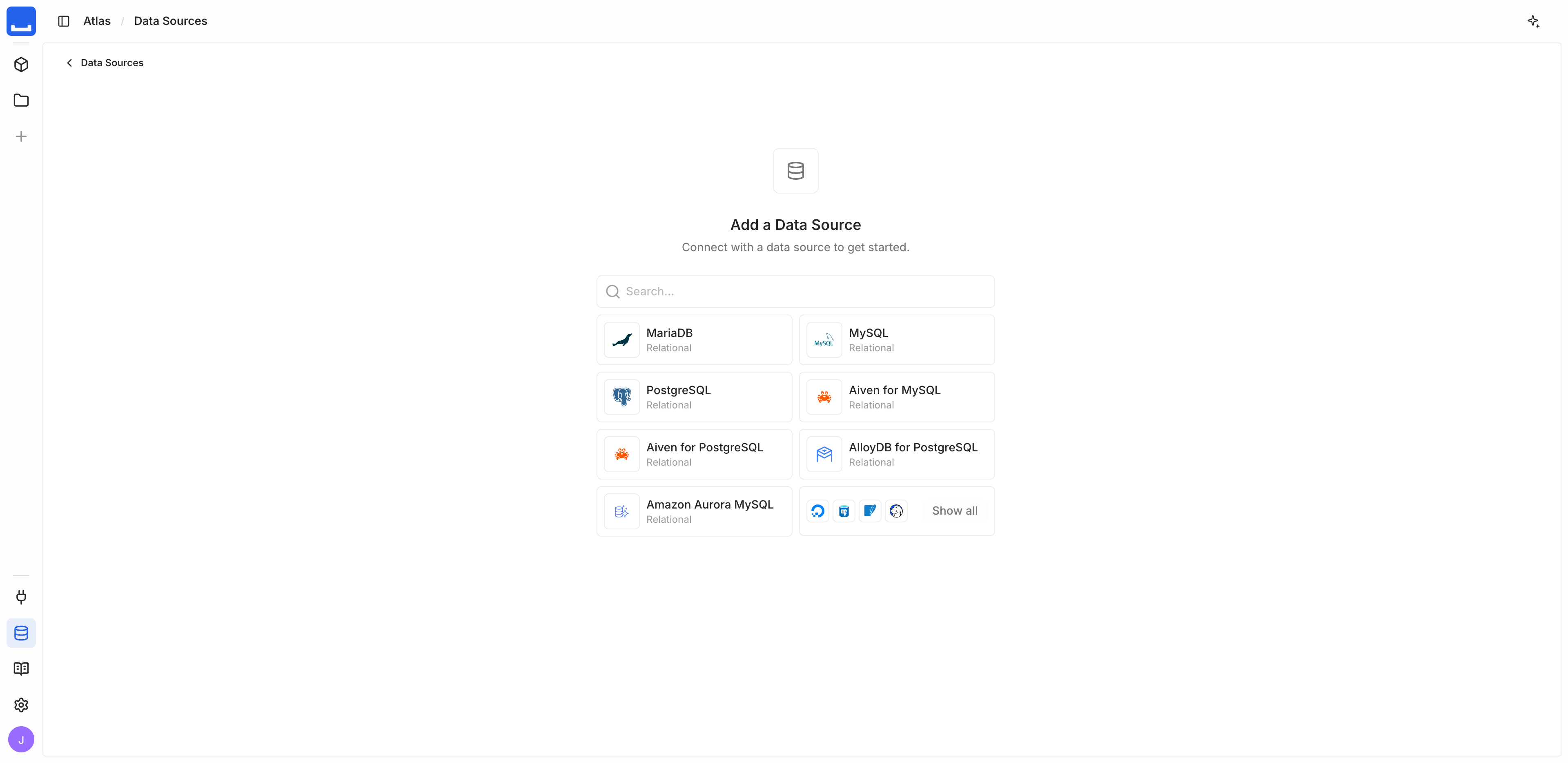 The Add a Data Source connector picker showing branded presets including Aiven, AlloyDB, and Amazon Aurora