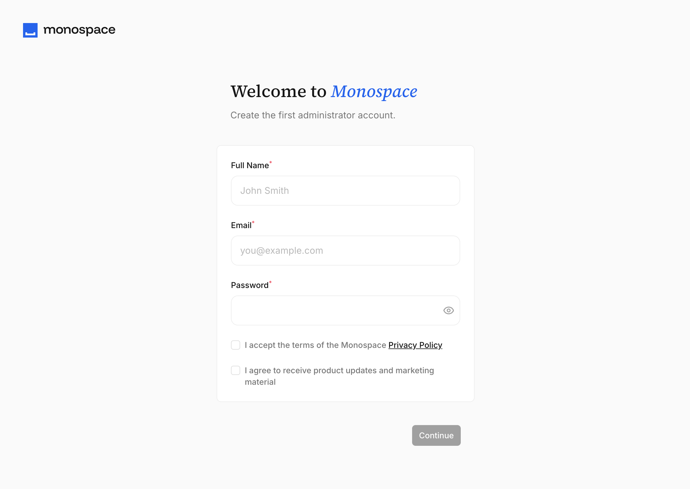 The first-run screen prompting you to create the first administrator account