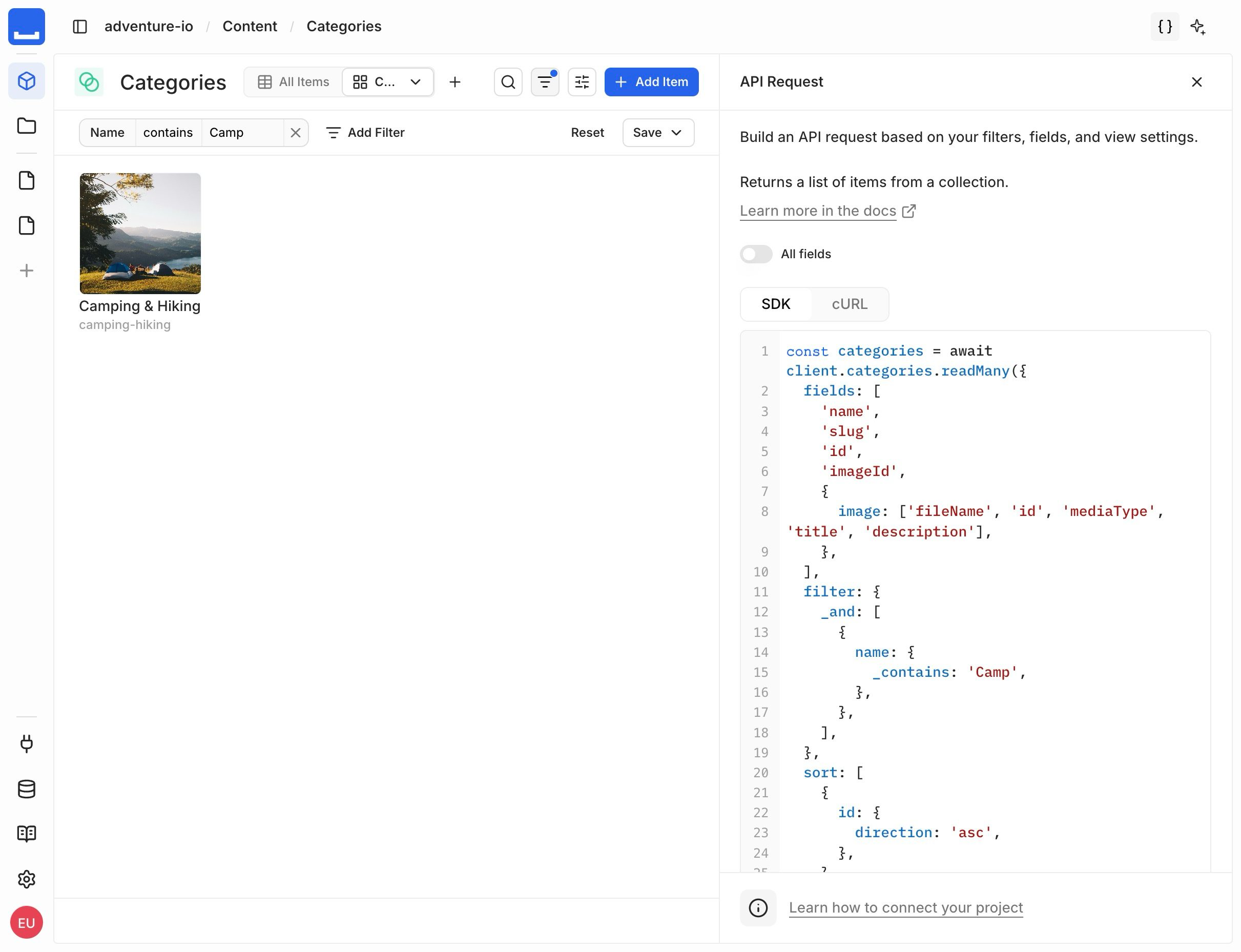 The API Request panel showing an SDK snippet generated from the collection's active fields, filter, and sort, with SDK and cURL tabs