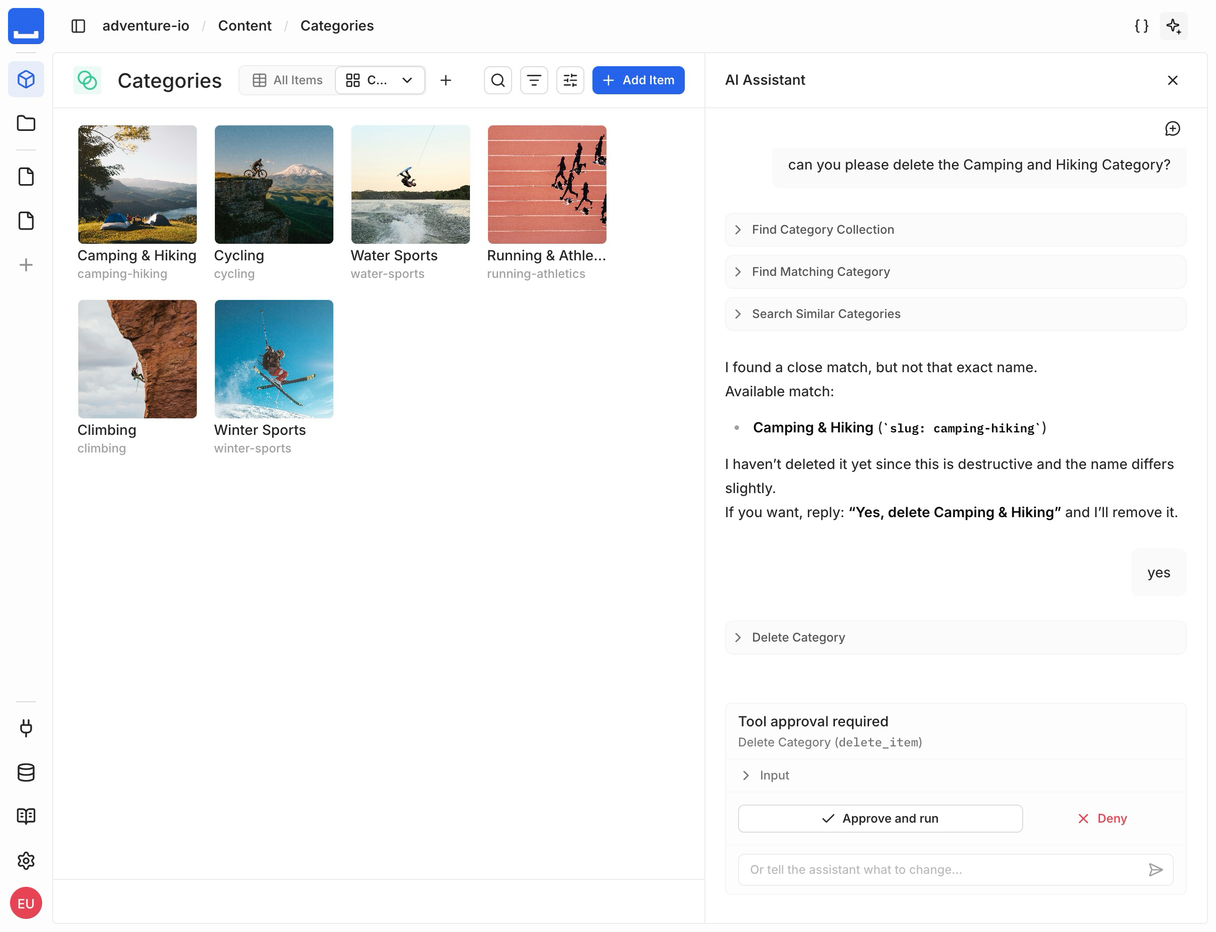 The AI Assistant showing a "Tool approval required" panel for a delete action, with Approve and run and Deny buttons