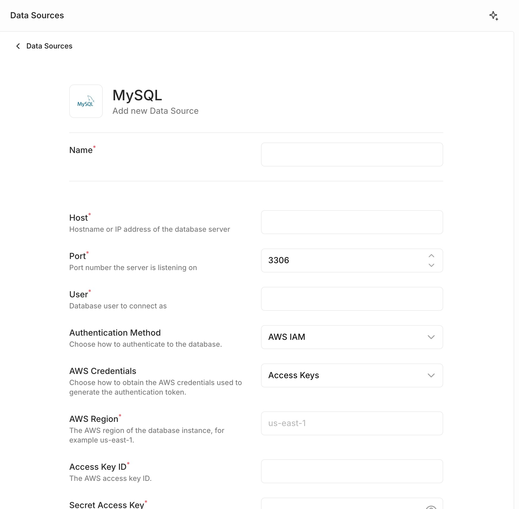 The Add new Data Source form for MySQL with Authentication Method set to AWS IAM, showing the AWS Credentials mode, AWS region, and access key fields