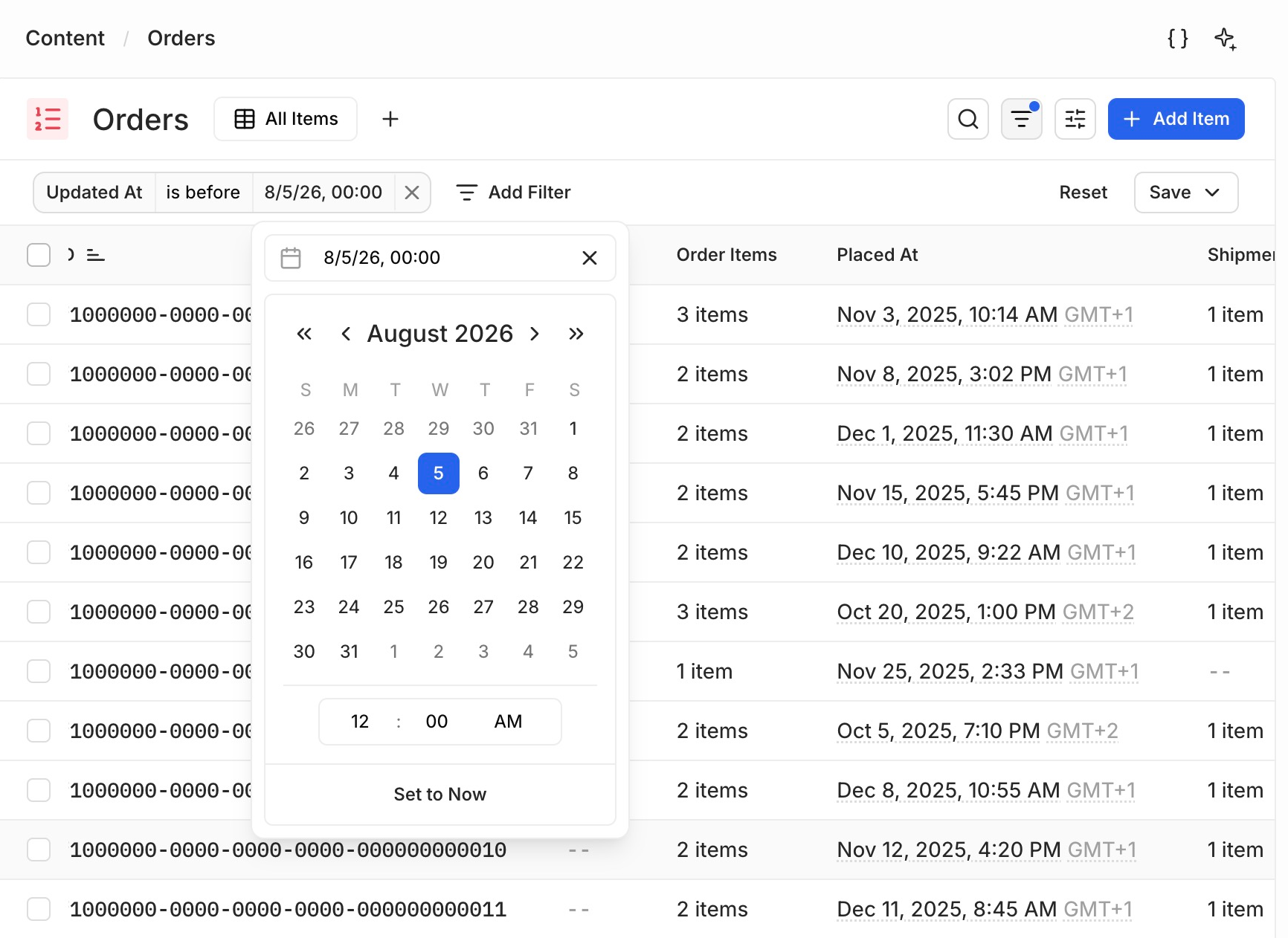 A collection filtered on Updated At with the date picker open, showing a calendar, a time field, and a Set to Now action
