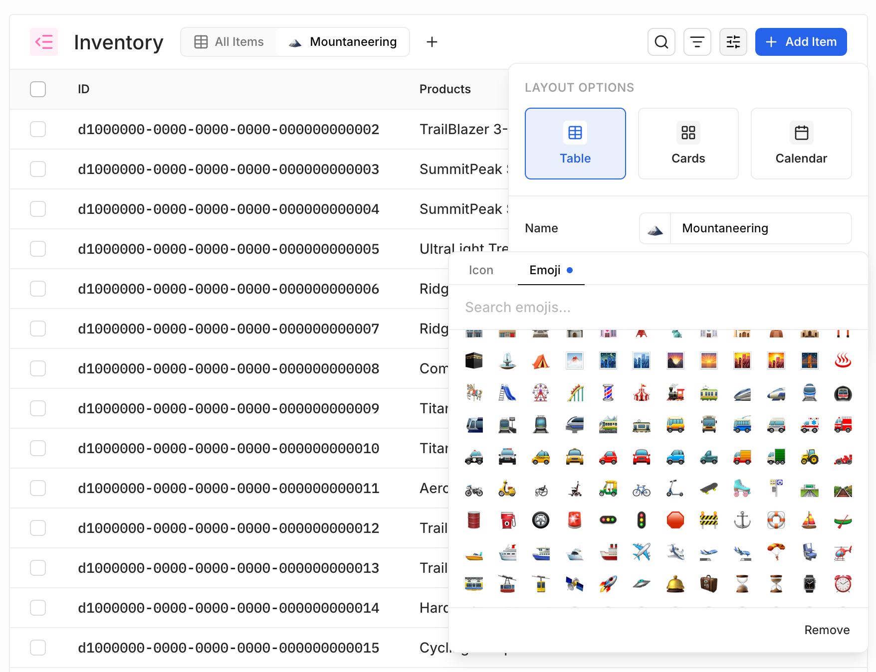 A view's layout options with the icon picker open on its Emoji tab, showing a search field and a grid of emoji, and the chosen emoji already rendered on the view's tab
