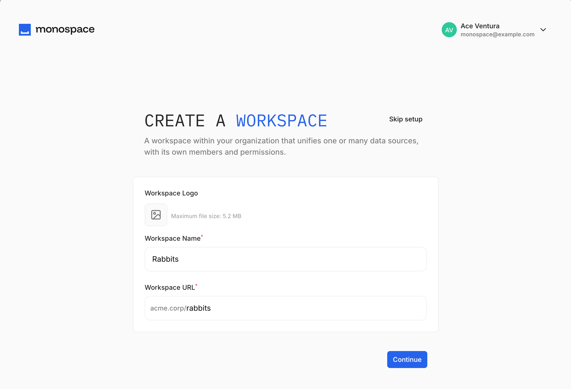 The Create a Workspace step of the setup walkthrough, with fields for the workspace logo, its name, and its URL shown against the instance host, alongside a Skip setup action