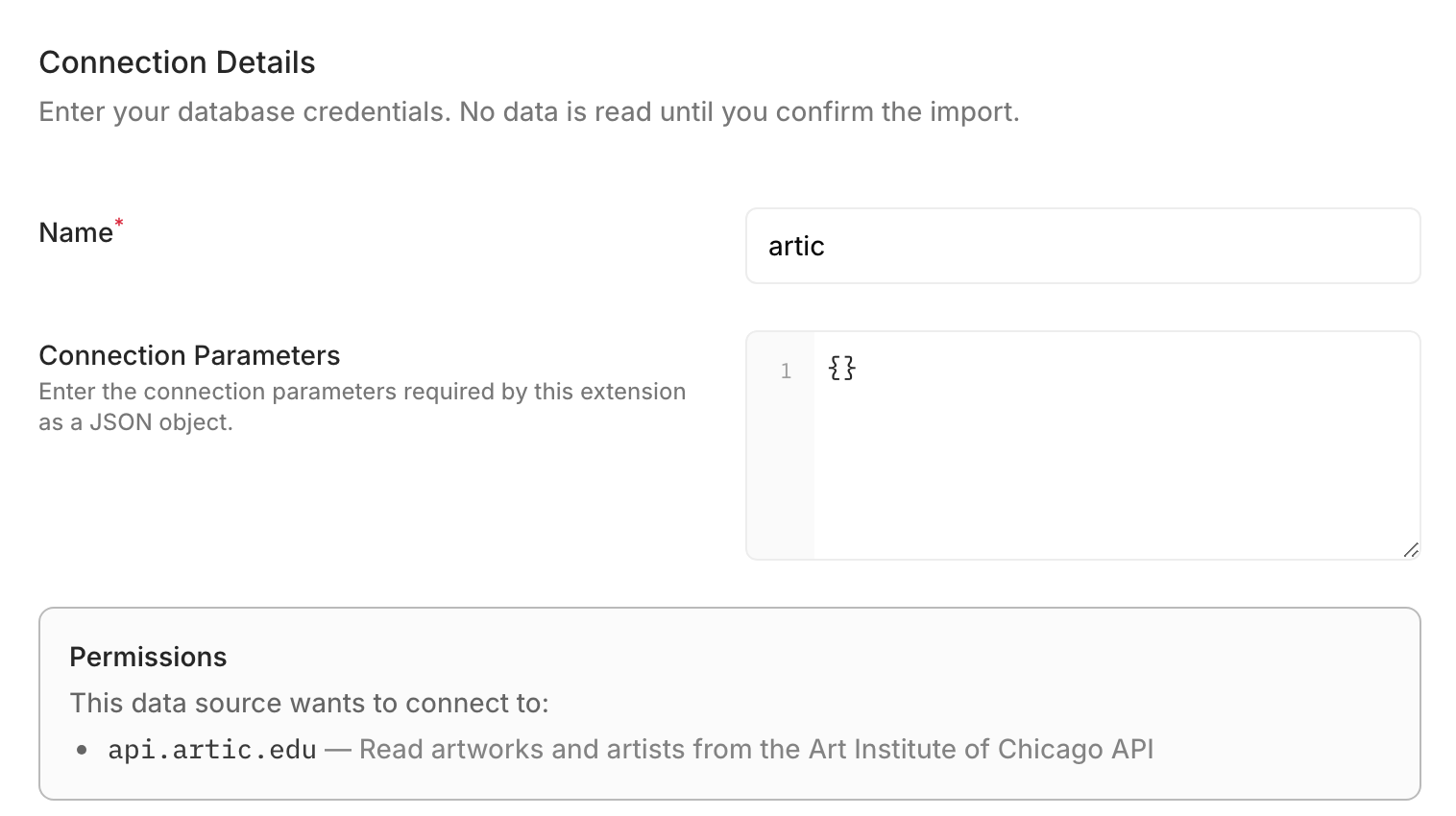 Studio's Connection Details form for the Art Institute of Chicago connector. It shows Name, Connection Parameters containing an empty JSON object, and Permissions for api.artic.edu with the declared reason.