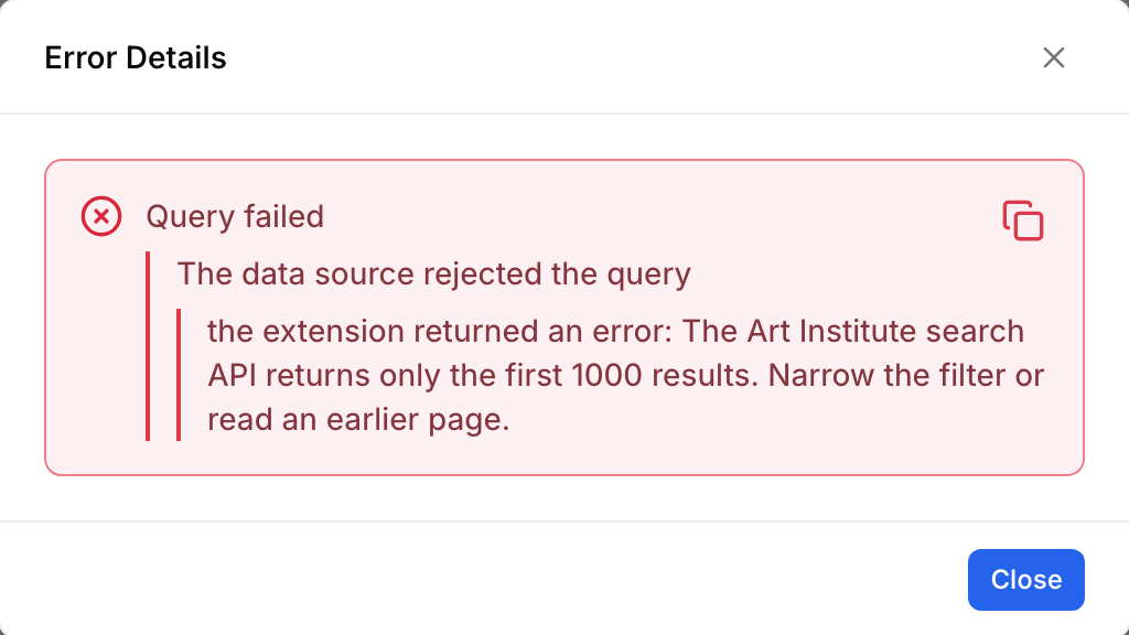 Studio's Error Details dialog shows "Query failed" and "The data source rejected the query". The connector's message states that the search API returns only the first 1000 results.