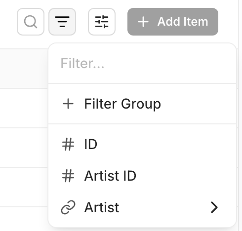 Studio's Filter list for Artworks, offering only ID, Artist ID, and Artist