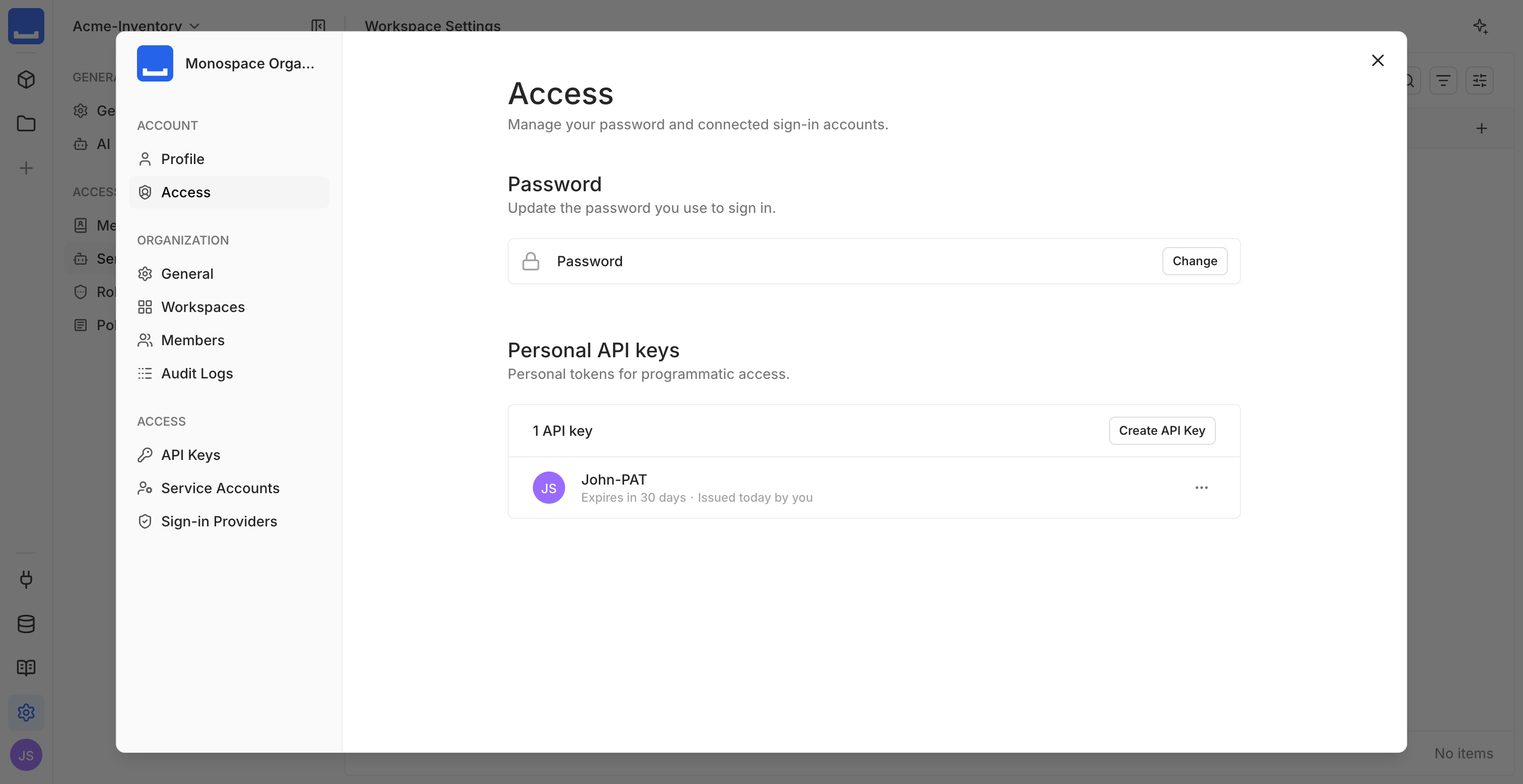 The API key creation dialog showing the one-time key value