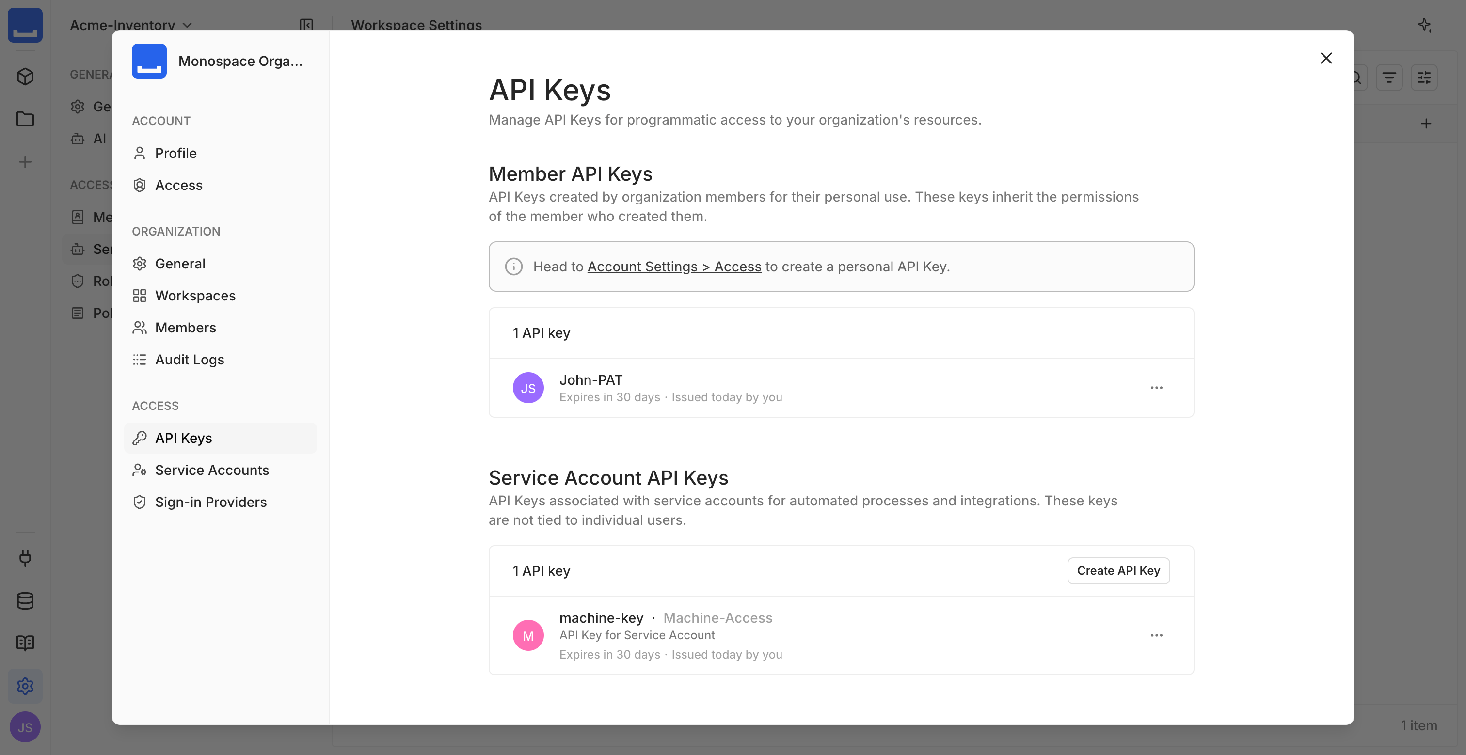 The API key creation dialog scoped to the service account
