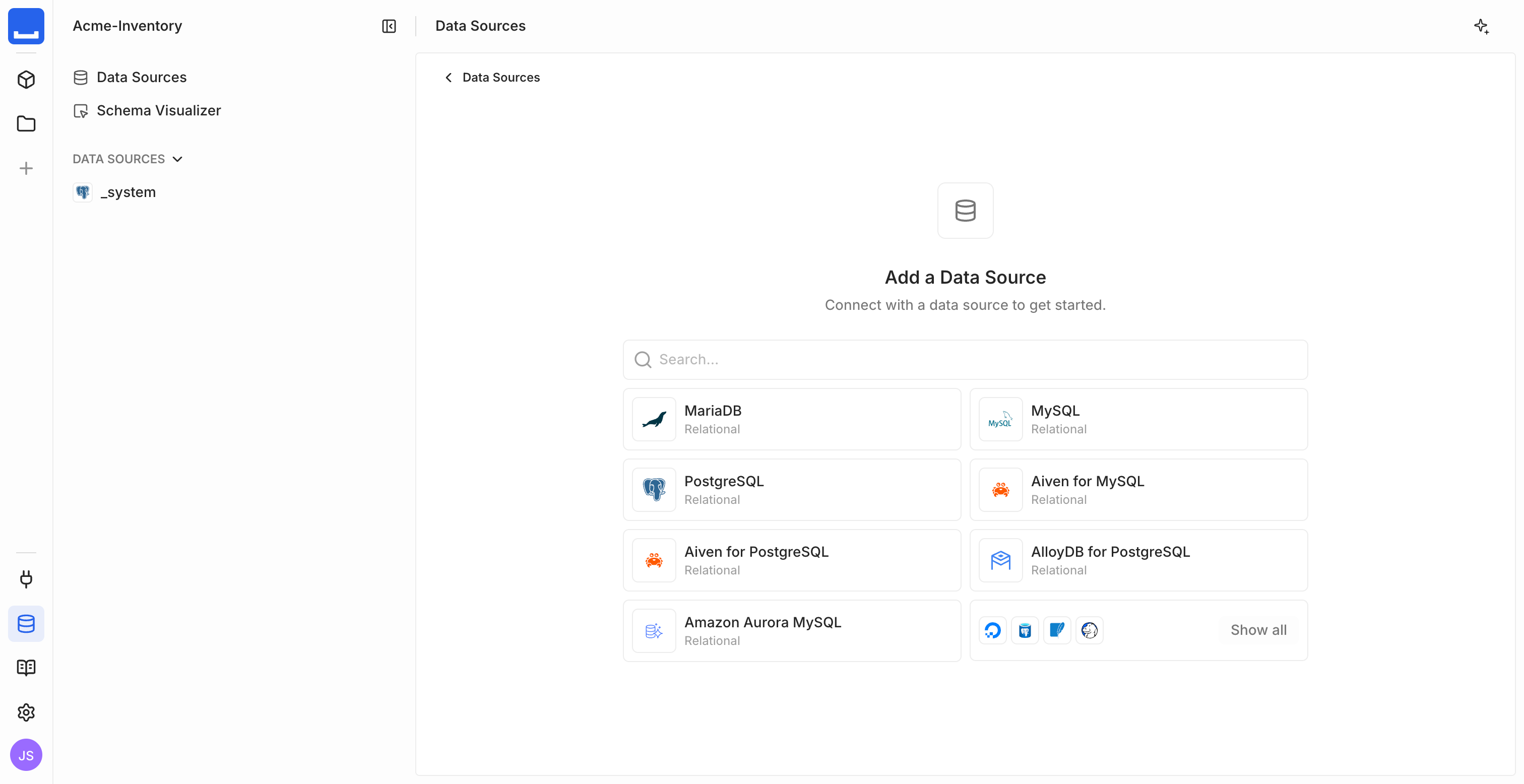 The Data Sources view with the "Add data source" connector picker open