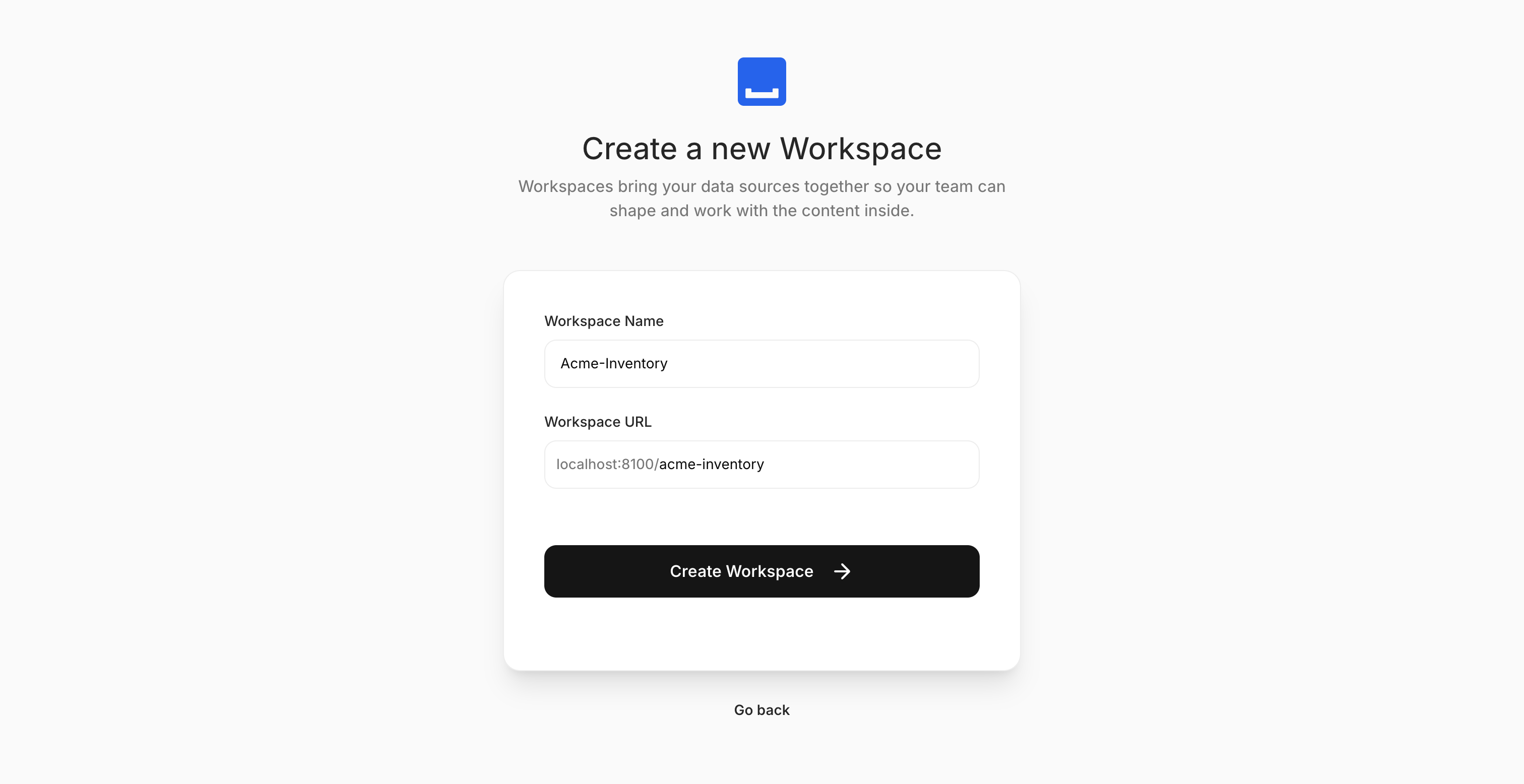 The "Create workspace" dialog with the name Acme-Inventory