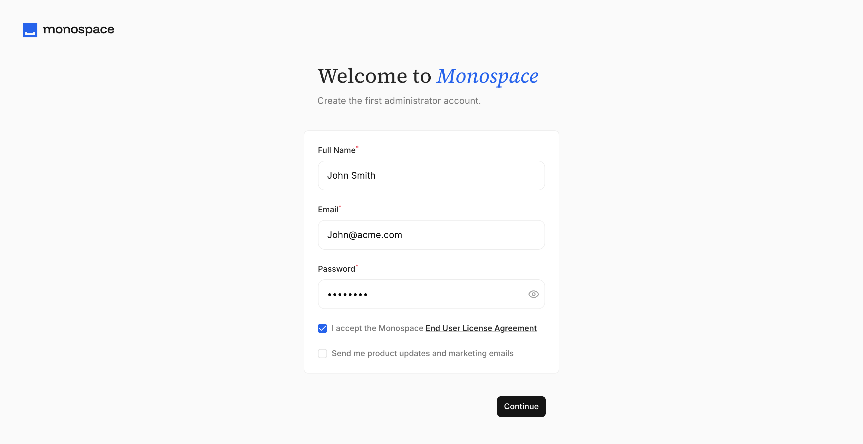 Monospace Studio onboarding screen for creating the first admin account on a fresh install
