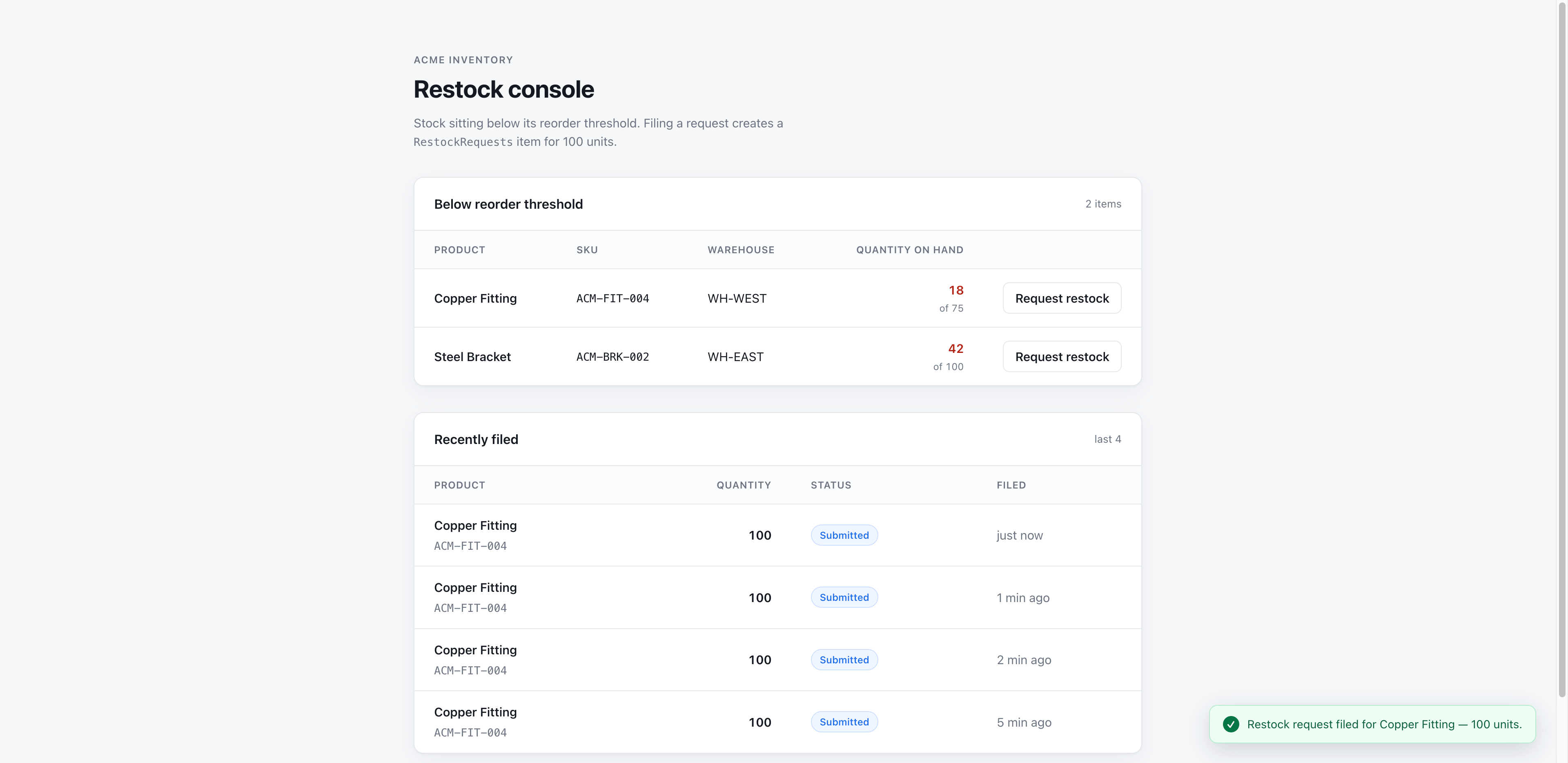 The finished restock console listing low-stock products with a "Request restock" action