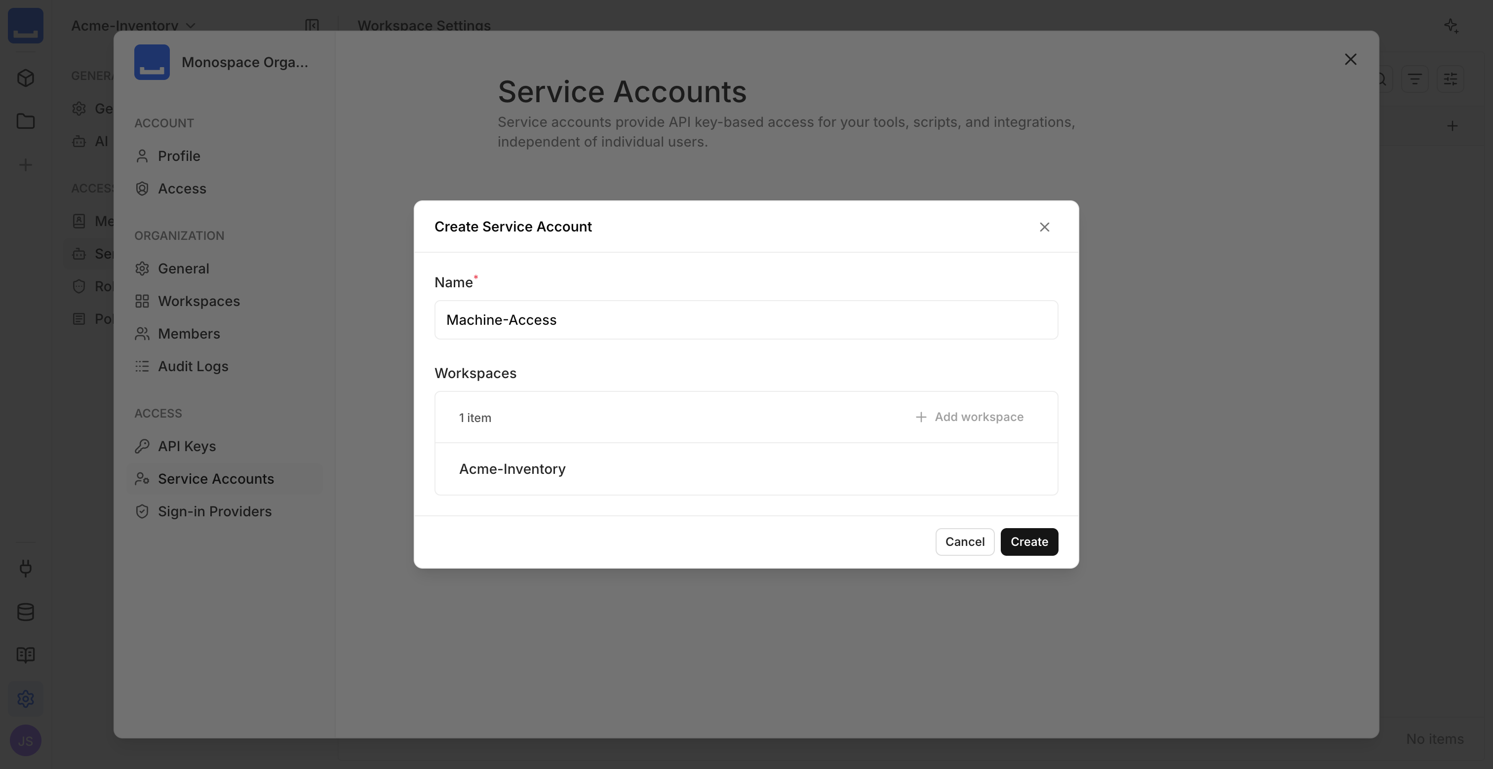 The service account creation screen in the Studio
